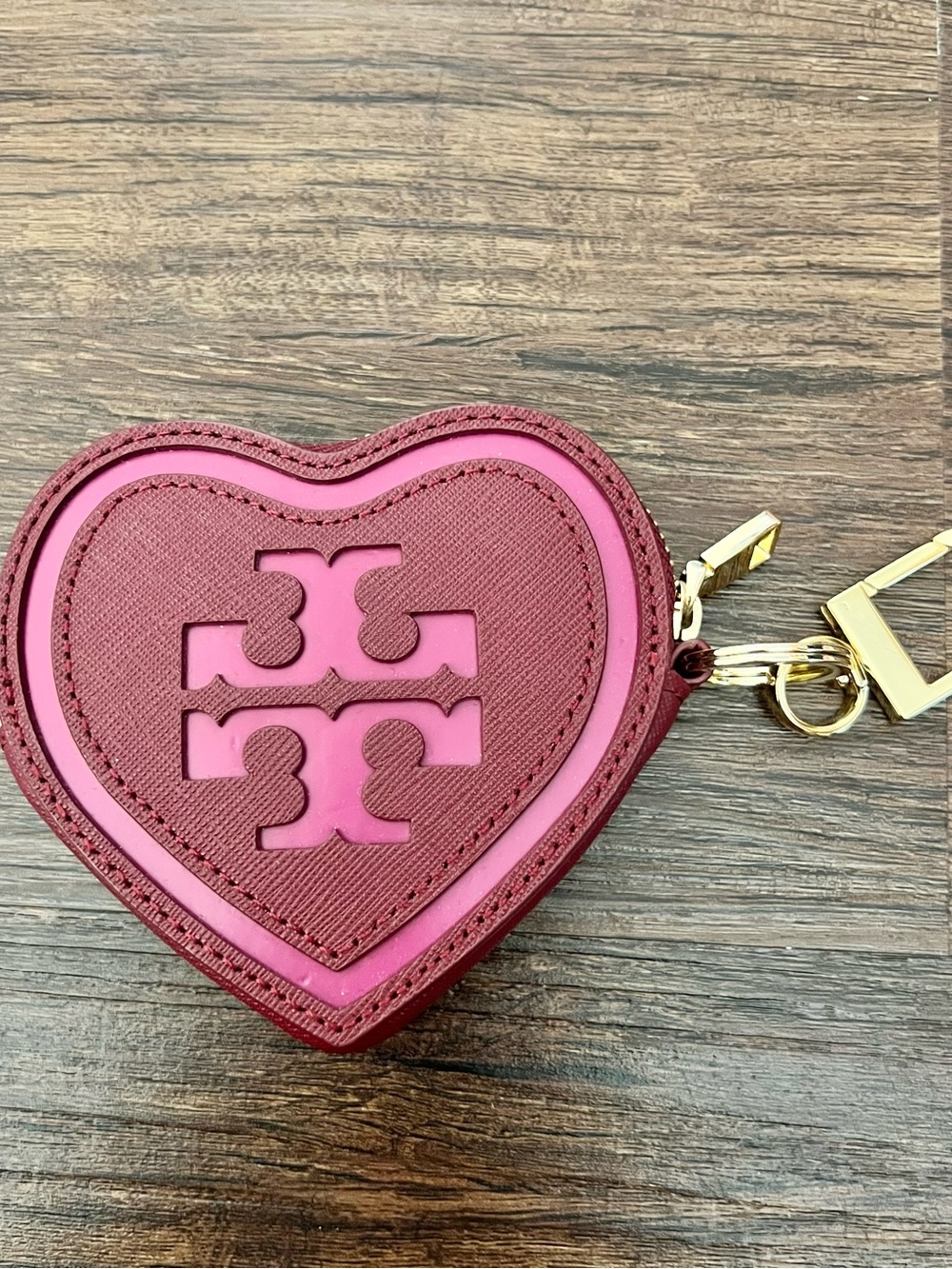 Tory Burch Heart Key & Coin Holder in Pink and Burgundy